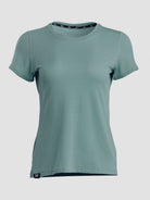A women's short-sleeve crewneck t-shirt in a muted sage green color, shown against a plain light gray background.