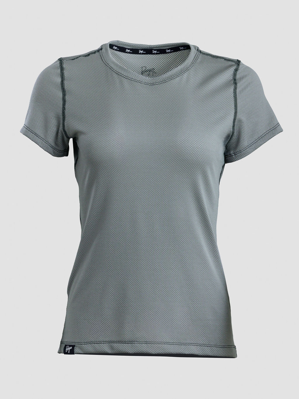 A women's short-sleeve athletic t-shirt in a solid medium gray color, featuring a crew neck and subtle dark gray contrast stitching details, shown against a light gray background.