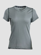 A women's short-sleeve athletic t-shirt in a solid medium gray color, featuring a crew neck and subtle dark gray contrast stitching details, shown against a light gray background.