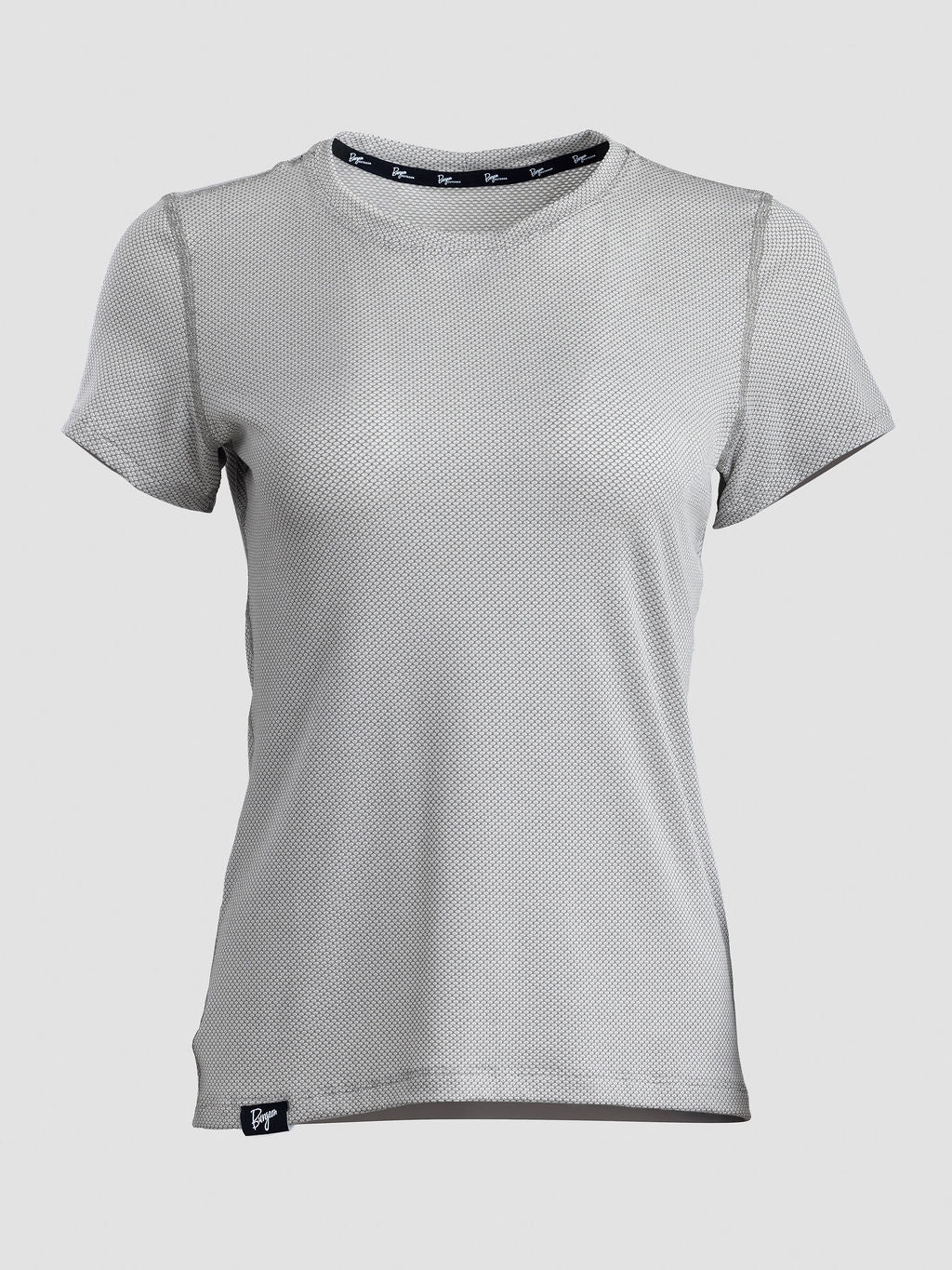 A light gray short-sleeve athletic mesh t-shirt with a crew neck, shown on a neutral light gray background.