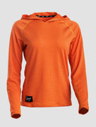 An orange long-sleeve sun hoodie with a textured mesh fabric, raglan sleeves, and a small black logo patch on the lower left hem, shown against a light gray background.