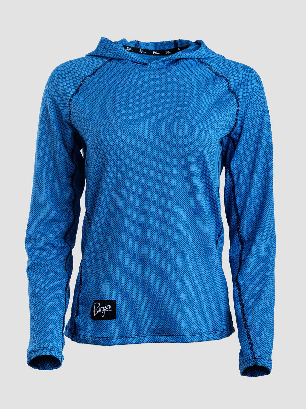 A bright blue long-sleeve sun hoodie with a textured mesh fabric, raglan sleeves, and a small black brand patch near the bottom left hem, shown against a light gray background.