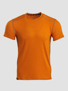 A bright orange short-sleeve athletic t-shirt with subtle gray contrast stitching on the shoulders, displayed on a neutral light gray background.