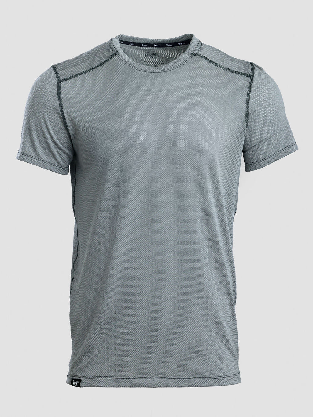 A light gray short-sleeve athletic t-shirt with dark gray contrast stitching along the shoulders and collar, displayed on a neutral light gray background.