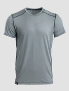 A light gray short-sleeve athletic t-shirt with dark gray contrast stitching along the shoulders and collar, displayed on a neutral light gray background.