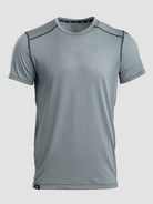 A light gray short-sleeve athletic t-shirt with dark gray contrast stitching along the shoulders and collar, displayed on a neutral light gray background.