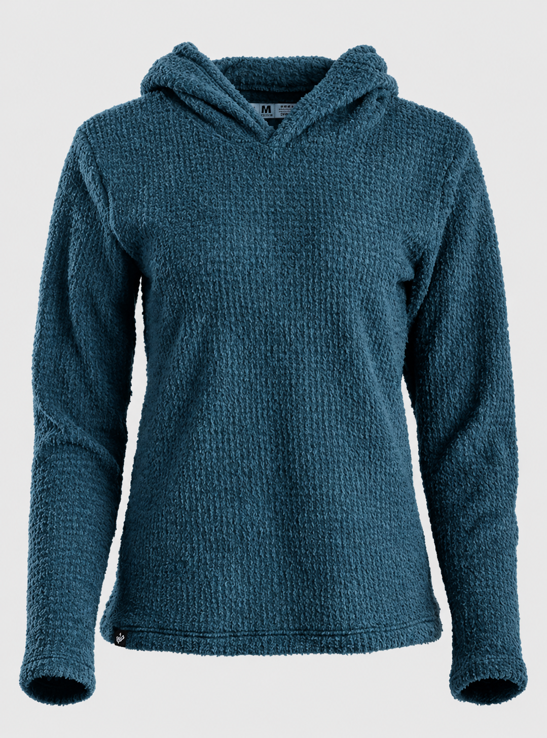 A women's textured waffle-knit hooded sweater in a deep teal blue, shown against a light gray background.