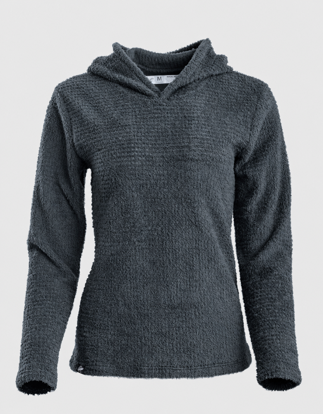 A dark gray textured hooded sweater with long sleeves, shown against a light gray background.