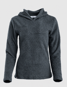 A dark gray textured hooded sweater with long sleeves, shown against a light gray background.