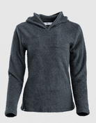 A dark gray textured hooded sweater with long sleeves, shown against a light gray background.