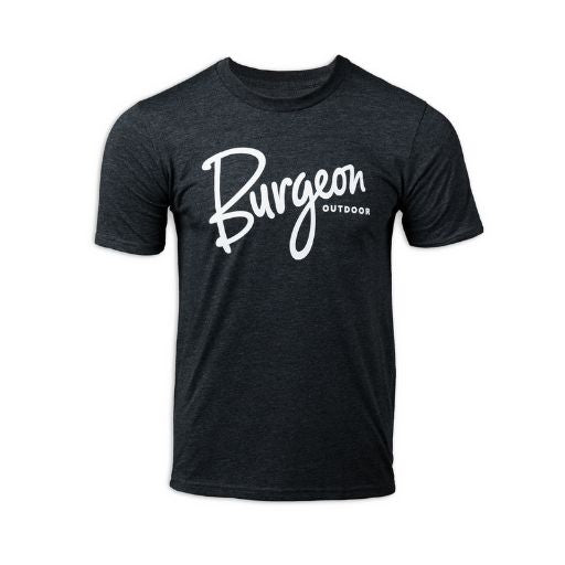 White Burgeon Outdoor logo on Charcoal t-shirt.