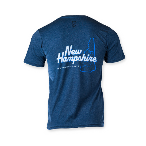 Back of Unisex Granite State T-Shirt in Heather Blue.