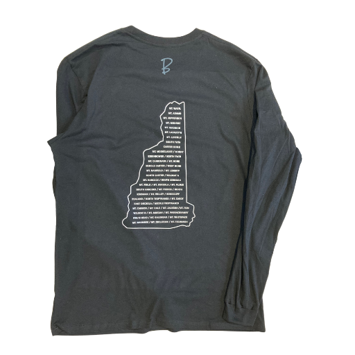 Black long sleeve t-shirt with the New Hampshire state outlined in white with the state's 48 4,000+ foot mountains listed in the state outline.