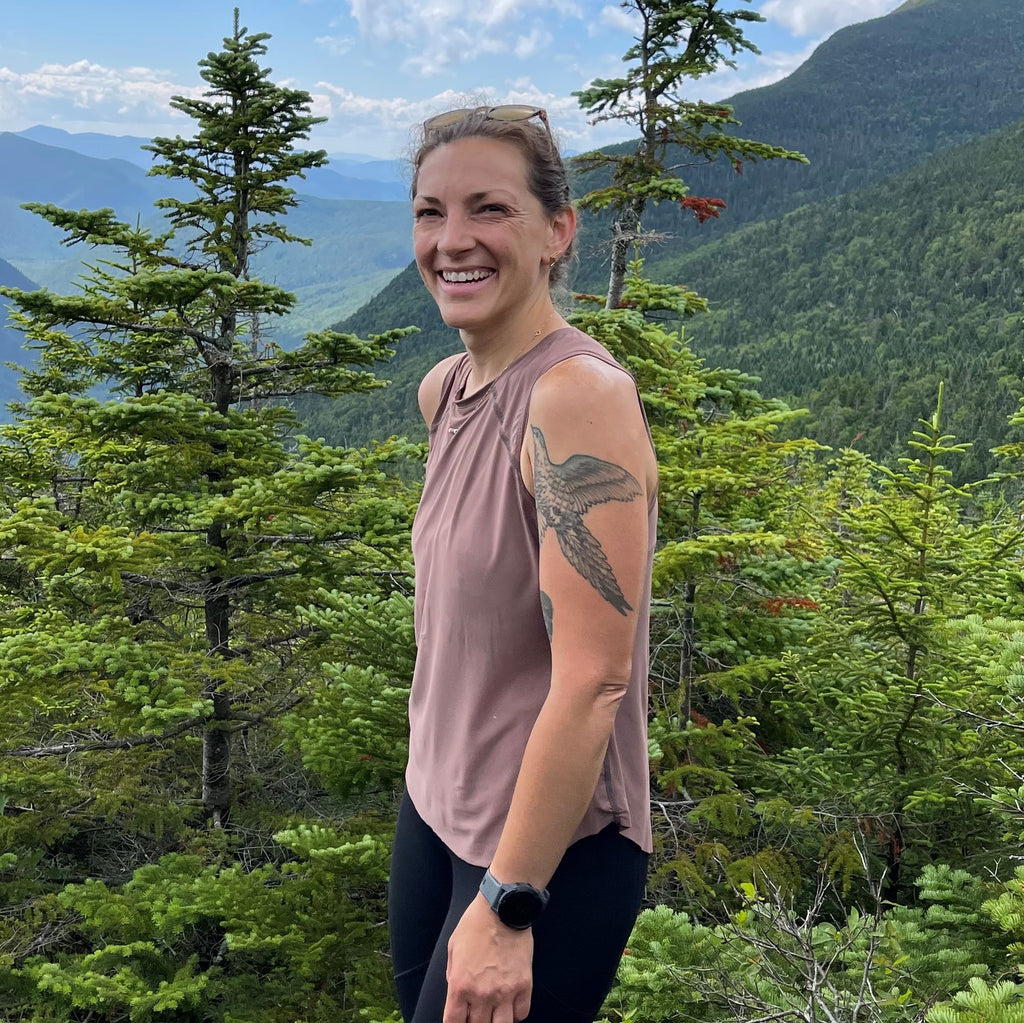 Women's Hiking Tank Top in Sedona Brown being worn by a hiker.