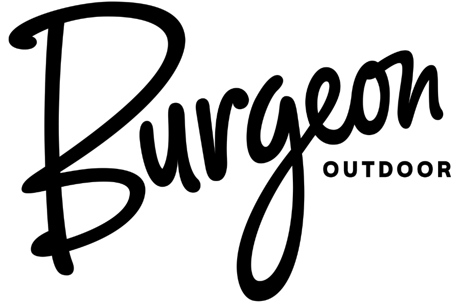 3 in. by 2 in. Rectangle sticker of the Burgeon Outdoor Primary Logo with Black text and a White background.